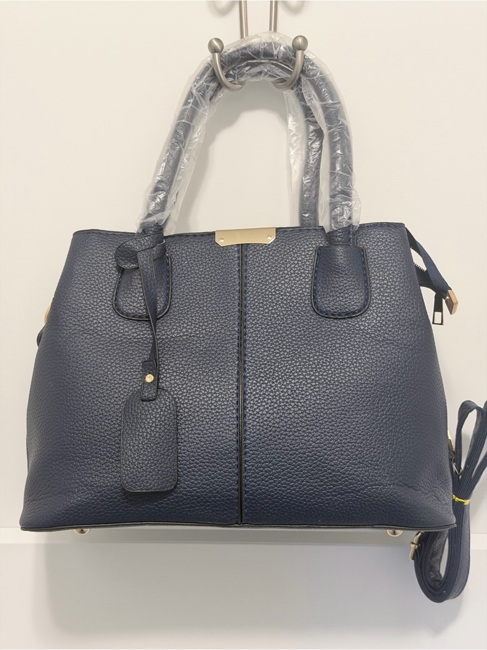 Vegan Leather Convertible Crossbody Satchel Bag in navy blue - Picture 1 of 8